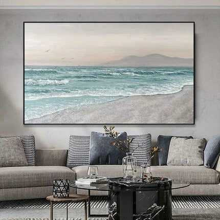 Coastal Calm: Hand-Painted Abstract Ocean Beach Oil Canvas Art - Très Elite