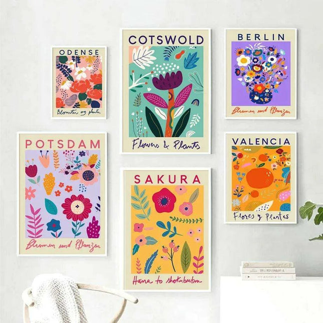 Colorful Nordic Floral Canvas Artwork - Retro Decorative Prints