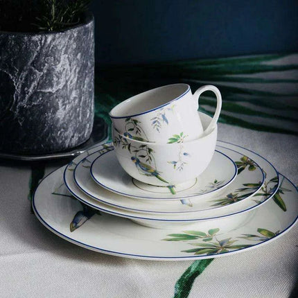 Colorful Parrot-Themed Porcelain Dining Collection: Bowl, Cup, Saucer, and Serving Tray - Très Elite