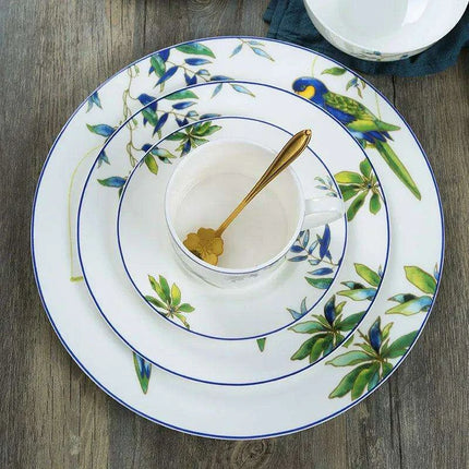 Colorful Parrot-Themed Porcelain Dining Collection: Bowl, Cup, Saucer, and Serving Tray - Très Elite