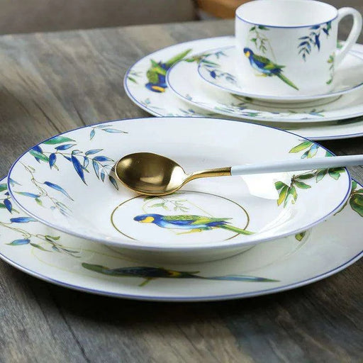 Colorful Parrot-Themed Porcelain Dining Collection: Bowl, Cup, Saucer, and Serving Tray - Très Elite