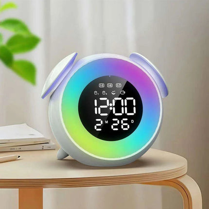 Colorful Rechargeable LED Alarm Clock with Sunrise-Sunset Simulation and Mirror Finish..
