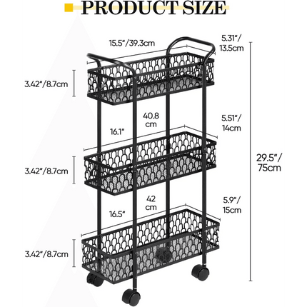 Compact Black 3-Tier Rolling Mesh Organizer Cart for Effortless Storage - Très Elite