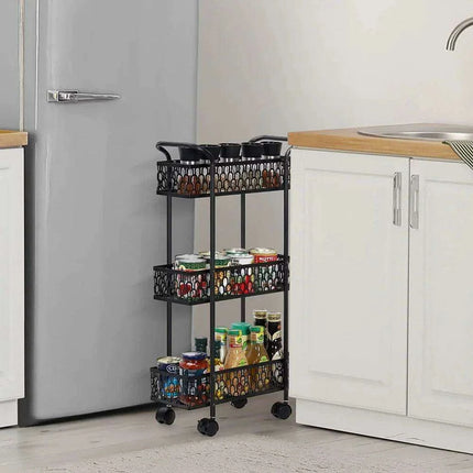 Compact Black 3-Tier Rolling Mesh Organizer Cart for Effortless Storage - Très Elite