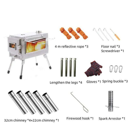 Compact Stainless Steel Outdoor Wood Stove with Chimney for Cooking and Heating.
