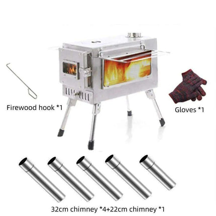 Compact Stainless Steel Outdoor Wood Stove with Chimney for Cooking and Heating..