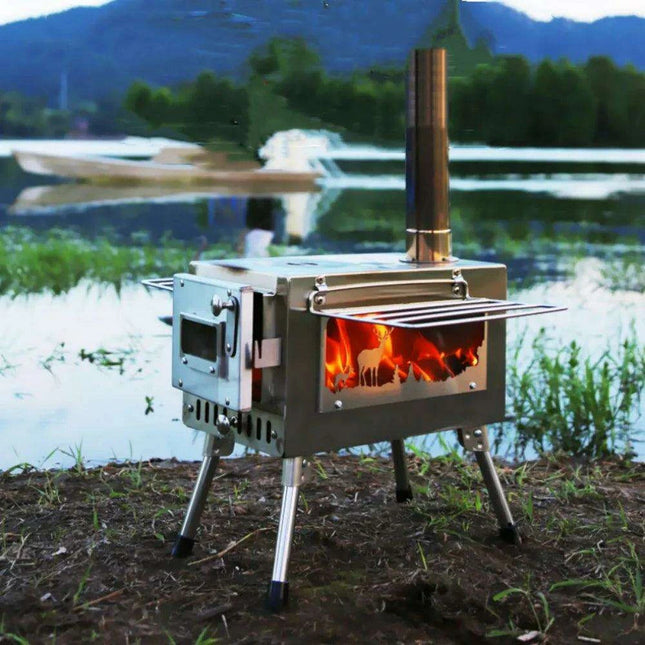 Compact Stainless Steel Outdoor Wood Stove with Chimney for Cooking and Heating
