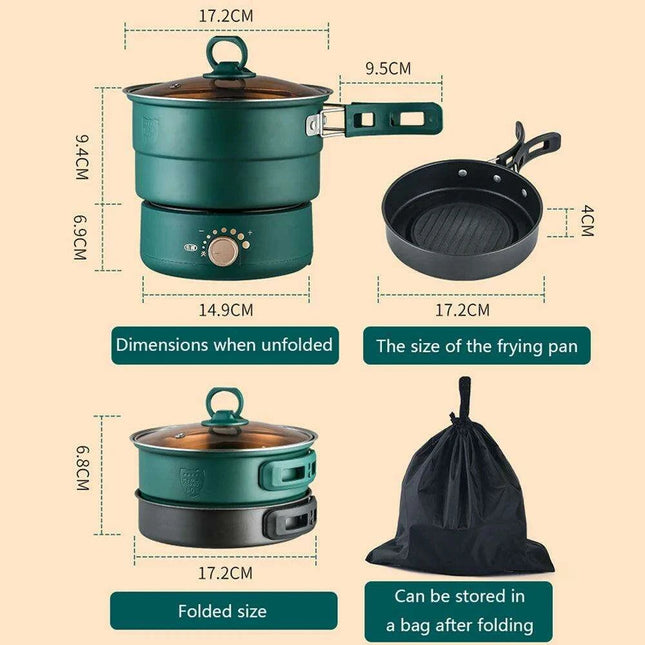 Compact Travel Multicooker: Foldable 110V/220V Cooking System for Frying, Steaming, and More