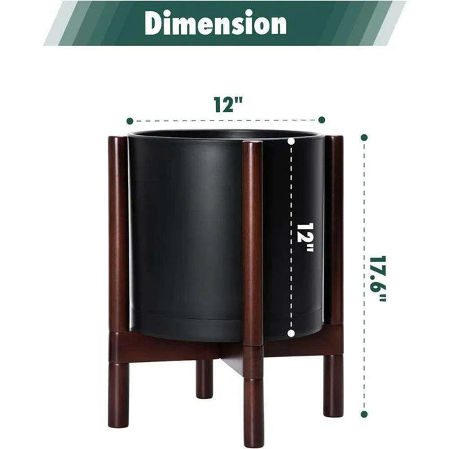 Contemporary 12-Inch Matte Black Planter with Sculptural Wood Stand for Stylish Indoor Plants - Très Elite
