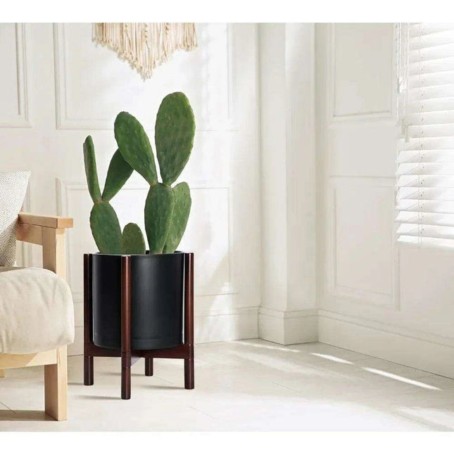 Contemporary 12-Inch Matte Black Planter with Sculptural Wood Stand for Stylish Indoor Plants - Très Elite