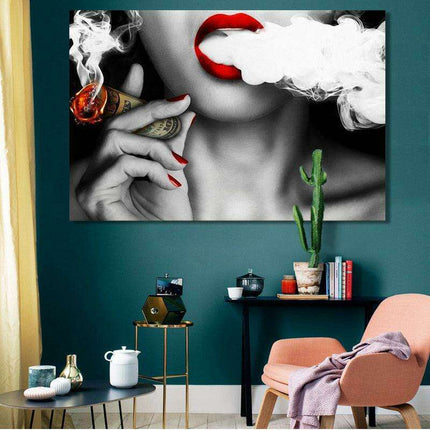 Contemporary Elegance: Abstract Canvas Art of Women, Smoke, and Currency