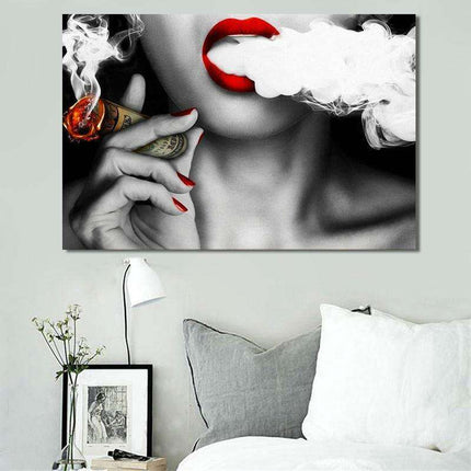Contemporary Elegance: Abstract Canvas Art of Women, Smoke, and Currency