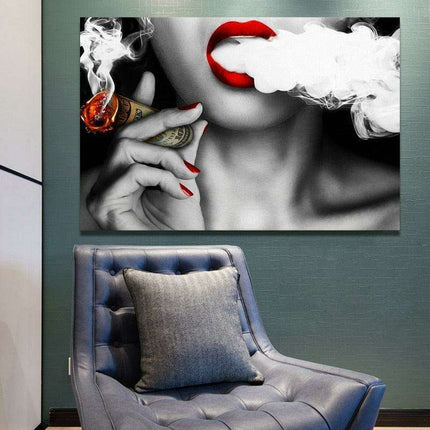 Contemporary Elegance: Abstract Canvas Art of Women, Smoke, and Currency