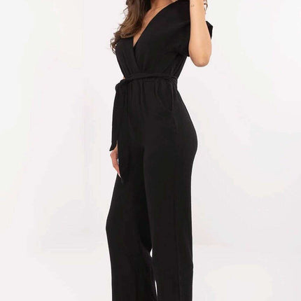 Cotton Jumpsuit 213069 Wrap V Neck Short Sleeves Black - Très Elite