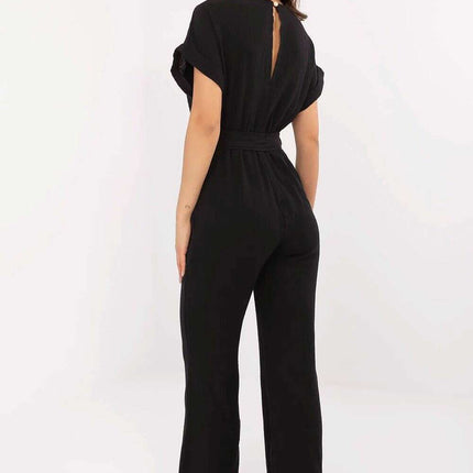 Cotton Jumpsuit 213069 Wrap V Neck Short Sleeves Black - Très Elite
