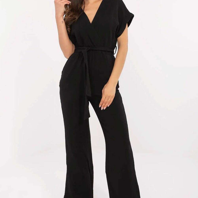 Cotton Jumpsuit 213069 Wrap V Neck Short Sleeves Black