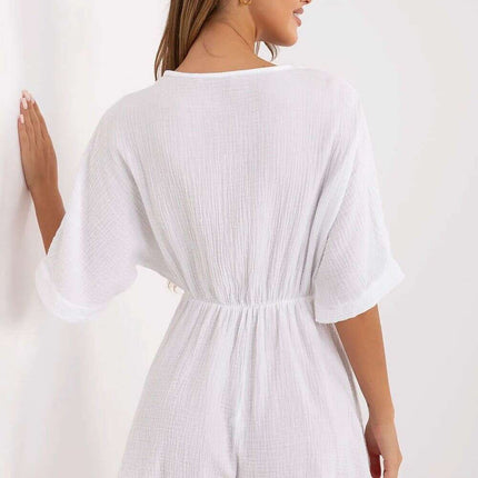 Cotton Muslin Short Sleeves Jumpsuit With Wrap Neckline - Très Elite