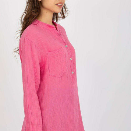 Cotton Muslin V-Neck Blouse with Pocket and Button Front Closure