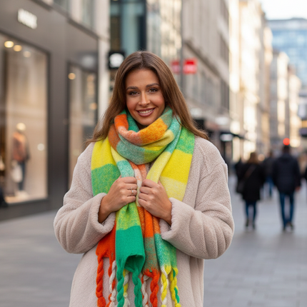 Cozy Colorful Plaid Shawl with Elegant Tassels - Très Elite