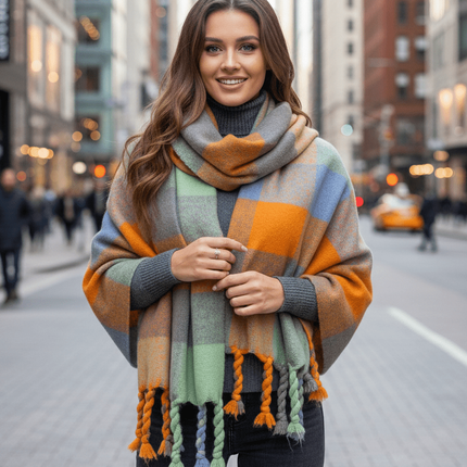Cozy Colorful Plaid Shawl with Elegant Tassels - Très Elite