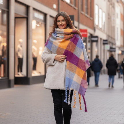 Cozy Colorful Plaid Shawl with Elegant Tassels - Très Elite