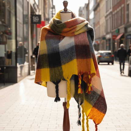 Cozy Colorful Plaid Shawl with Elegant Tassels - Très Elite
