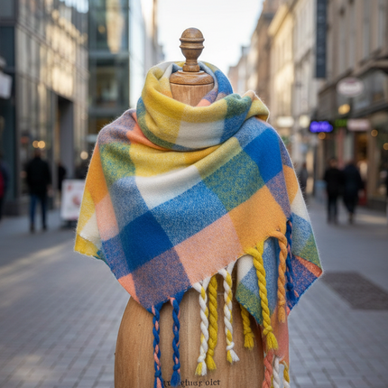 Cozy Colorful Plaid Shawl with Elegant Tassels - Très Elite