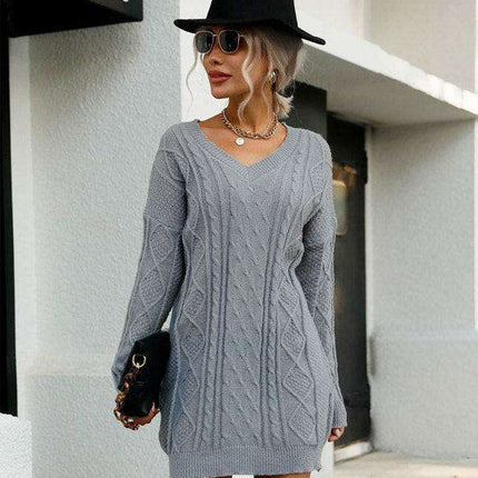 Cozy Grey V-Neck Sweater Dress: Stay Warm and Stylish on Cold Days - Très Elite