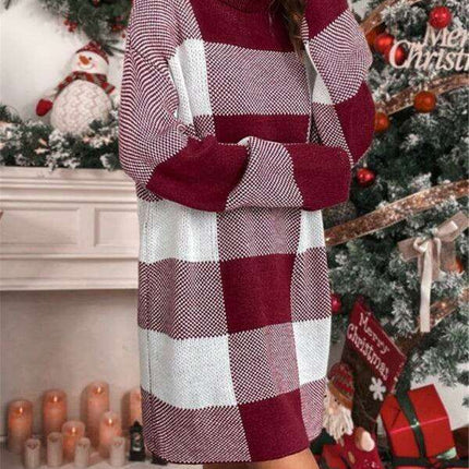 Cozy Holiday Plaid Turtleneck Dress - Très Elite