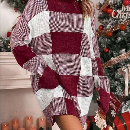 Cozy Holiday Plaid Turtleneck Dress - Très Elite