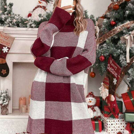 Cozy Holiday Plaid Turtleneck Dress - Très Elite