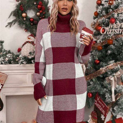 Cozy Holiday Plaid Turtleneck Dress - Très Elite