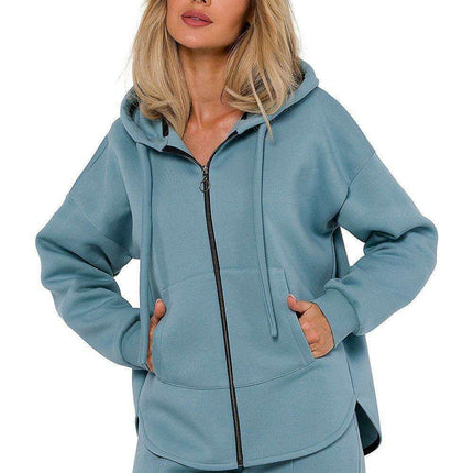 Cozy Knitted Zip-Up Sweater - Women's Sweatshirt with Kangaroo Pocket
