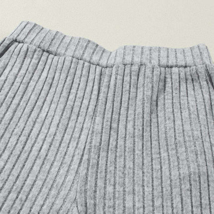 Cozy Light Grey V-Neck Ribbed Knit Lounge Set for Stylish Relaxation - Très Elite