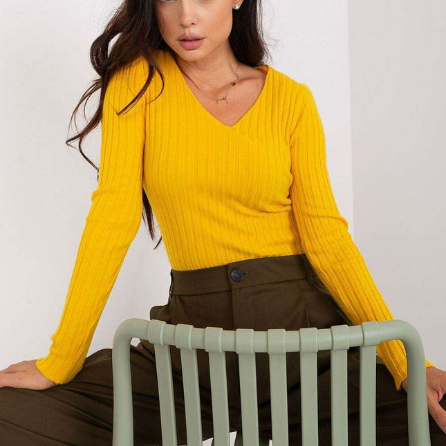 Cozy Ribbed Viscose Sweater with V-Neck for Women