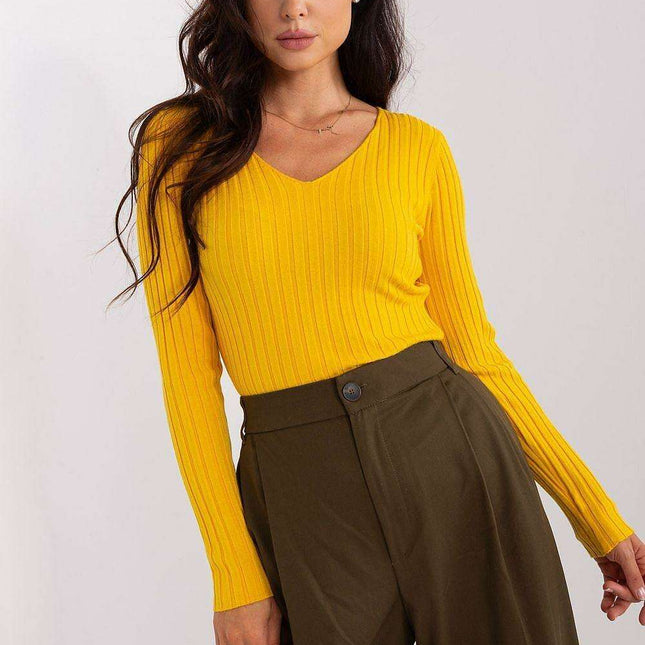 Cozy Ribbed Viscose Sweater with V-Neck for Women