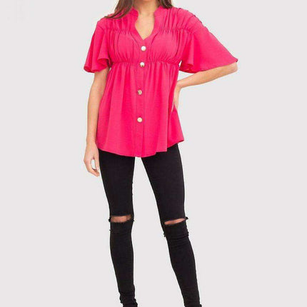 Cream Serape Neckline Button-Up Blouse with Flowy Sleeves - Très Elite