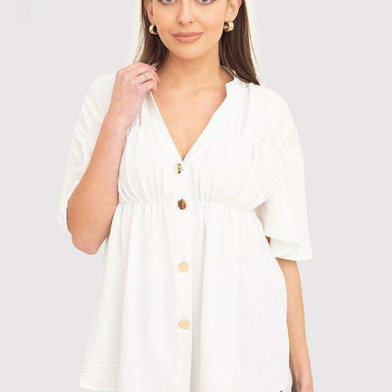 Cream Serape Neckline Button-Up Blouse with Flowy Sleeves