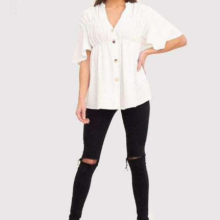 Cream Serape Neckline Button-Up Blouse with Flowy Sleeves - Très Elite