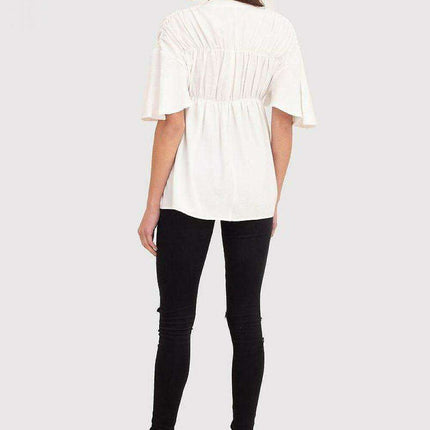 Cream Serape Neckline Button-Up Blouse with Flowy Sleeves - Très Elite