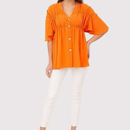 Cream Serape Neckline Button-Up Blouse with Flowy Sleeves