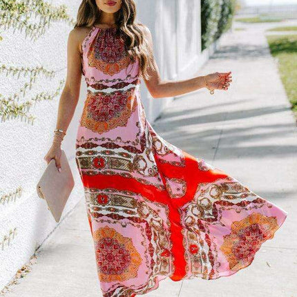 Crimson Bohemian Goddess Halter Neck Maxi Dress - Très Elite
