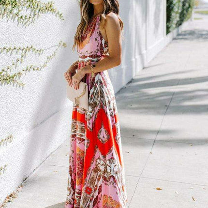 Crimson Bohemian Goddess Halter Neck Maxi Dress - Très Elite