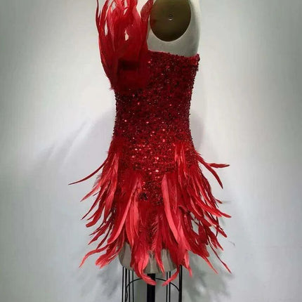 Crimson Elegance Feathered Night Out Dress - Luxe Edition