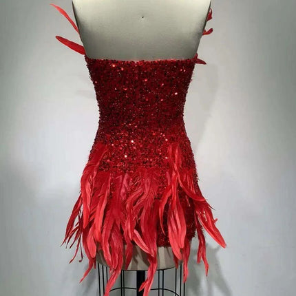Crimson Elegance Feathered Night Out Dress - Luxe Edition