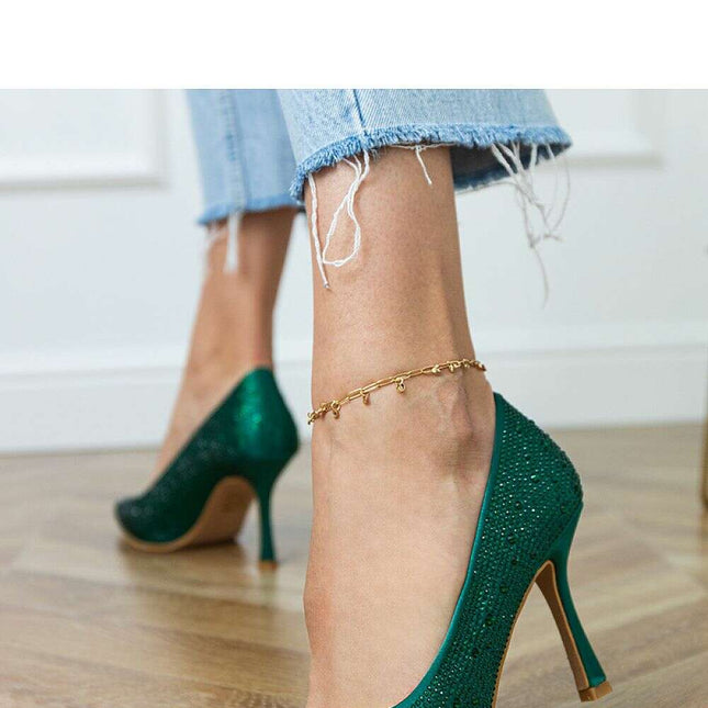 Crystal Embellished Green High Heels – Women's Pointed Toe Pumps 8.5cm