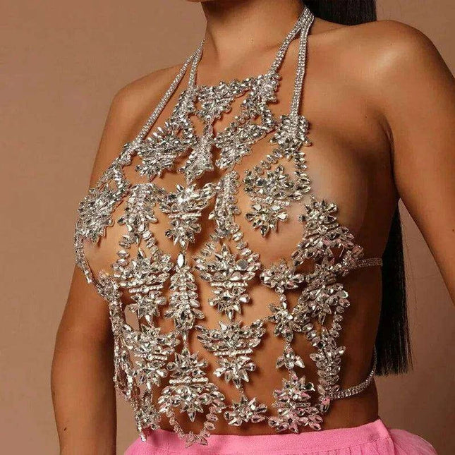 Crystal Rhinestone Bralette with Chic Geometric Body Chain