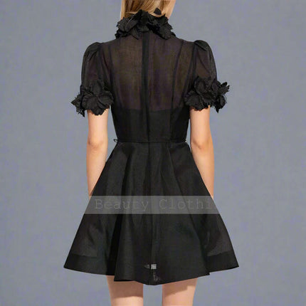 Customizable Black A-Line Mini Cocktail Dress with Floral Embellishments and High Neck - Très Elite