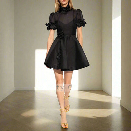 Customizable Black A-Line Mini Cocktail Dress with Floral Embellishments and High Neck - Très Elite