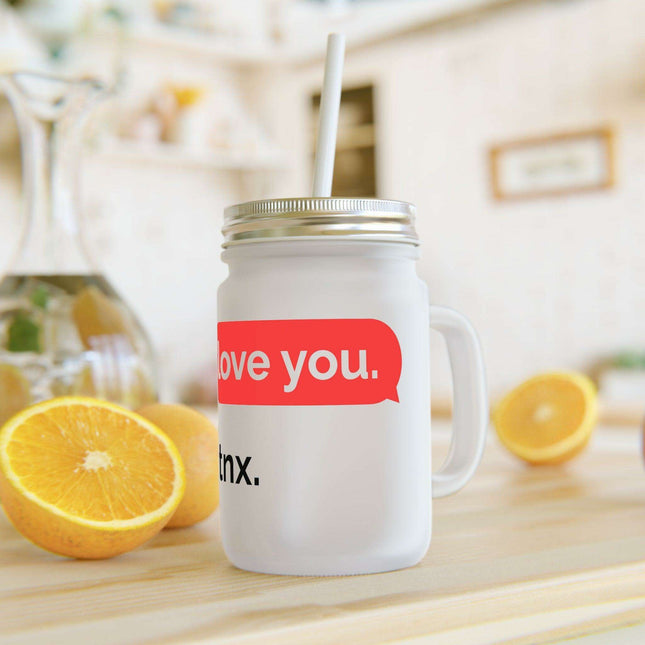Customizable Frosted Glass Mason Jar Mug Set - 16oz LOVE Design for Unique Beverage Experience